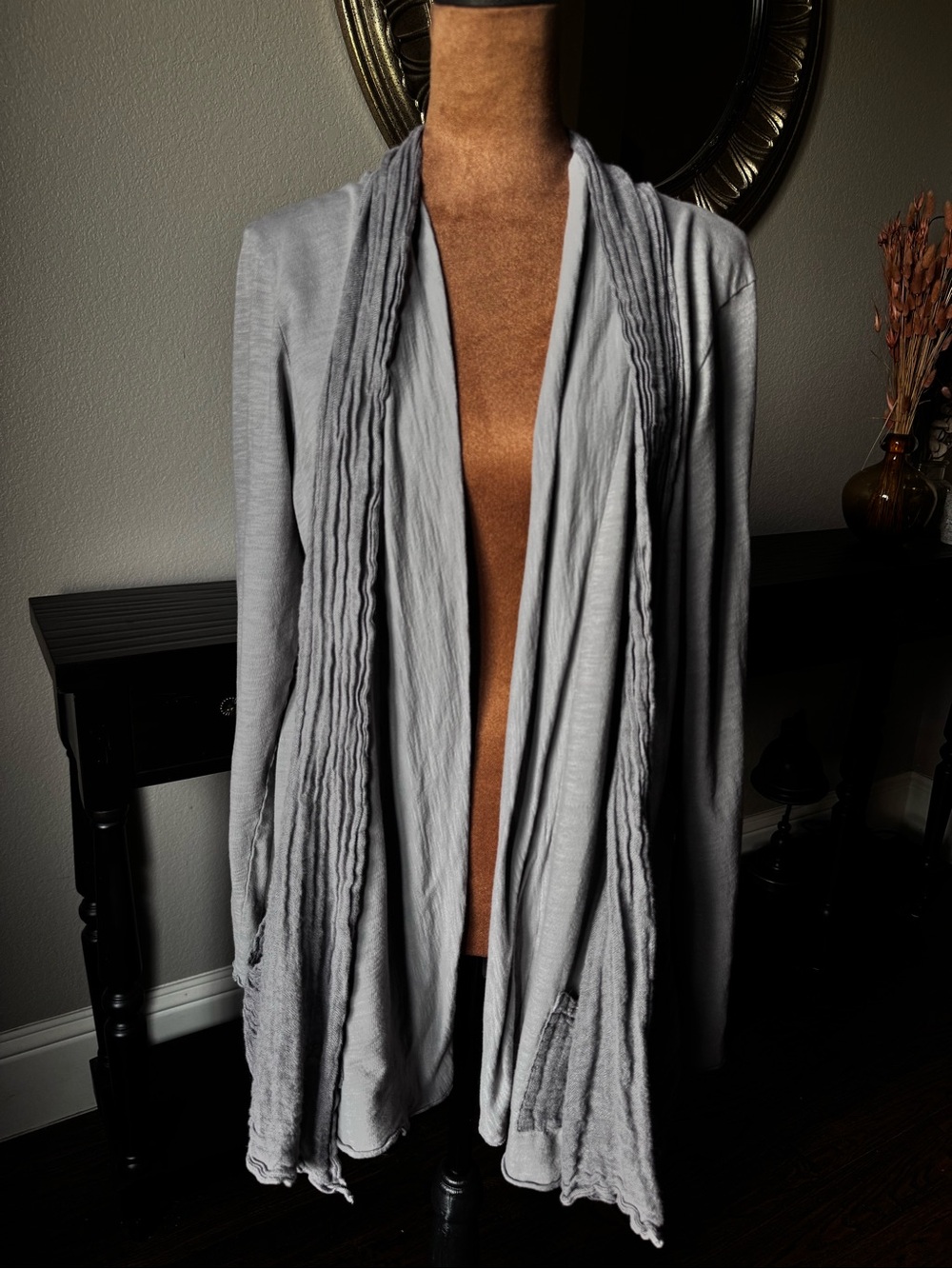 Fenini Lagenlook Gray Linen Cotton Mixed Media Drape Cardigan Ribbed Gauze M